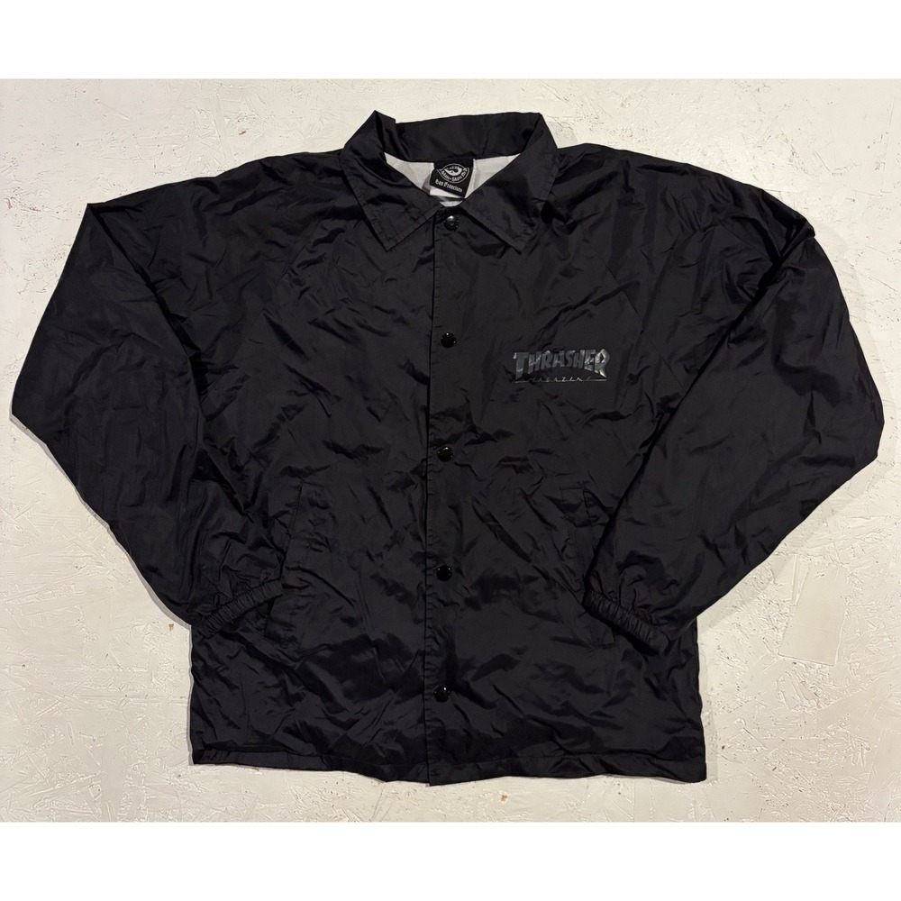 Vintage 1990s Thrasher Skate And Destroy Mens Small Black Nylon Coach Jacket